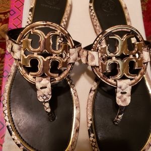 Tory Burch Metal Miller Stamped Snake Print Leather Sandals